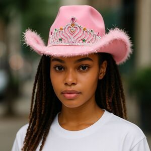 Pink Felt Cow Girl Hat Tiara and Heart Glasses